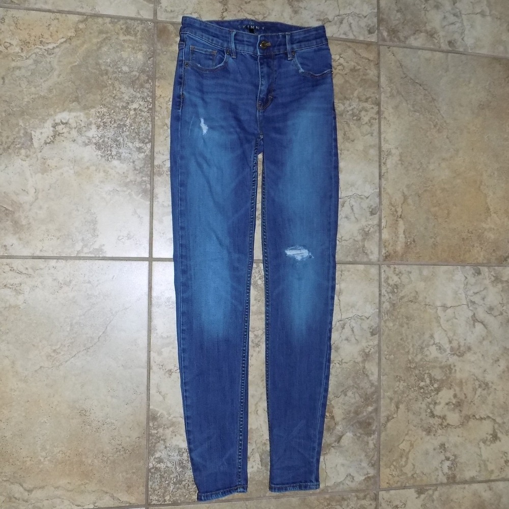 White House Black Market The Skinny‎ Jeans Womens 00 Blue Good Distressed Denim